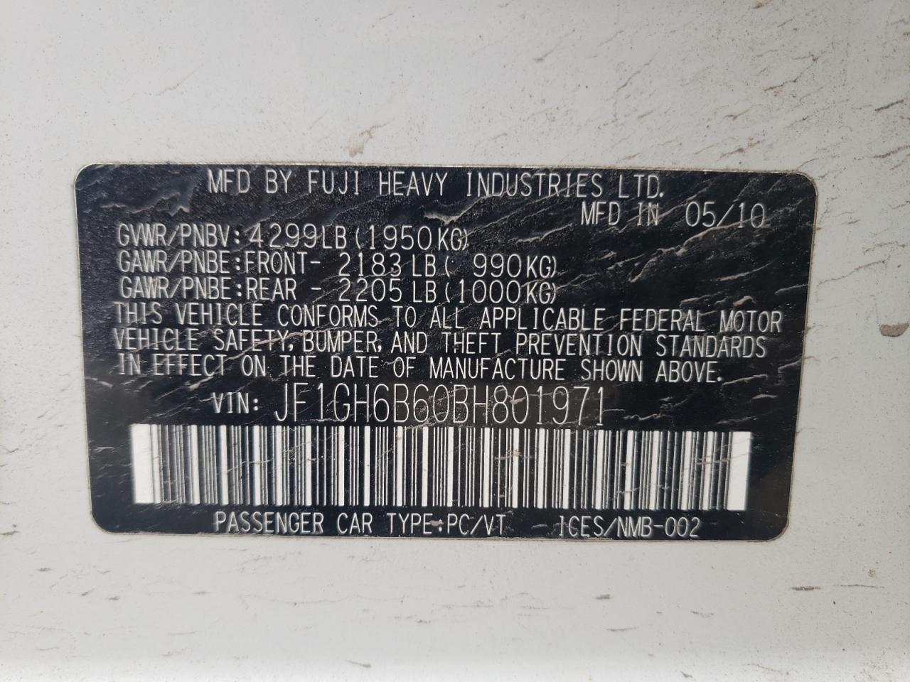 Снимка 10 от търг – 2011 SUBARU IMPREZA 2. с VIN JF1GH6B60BH801971