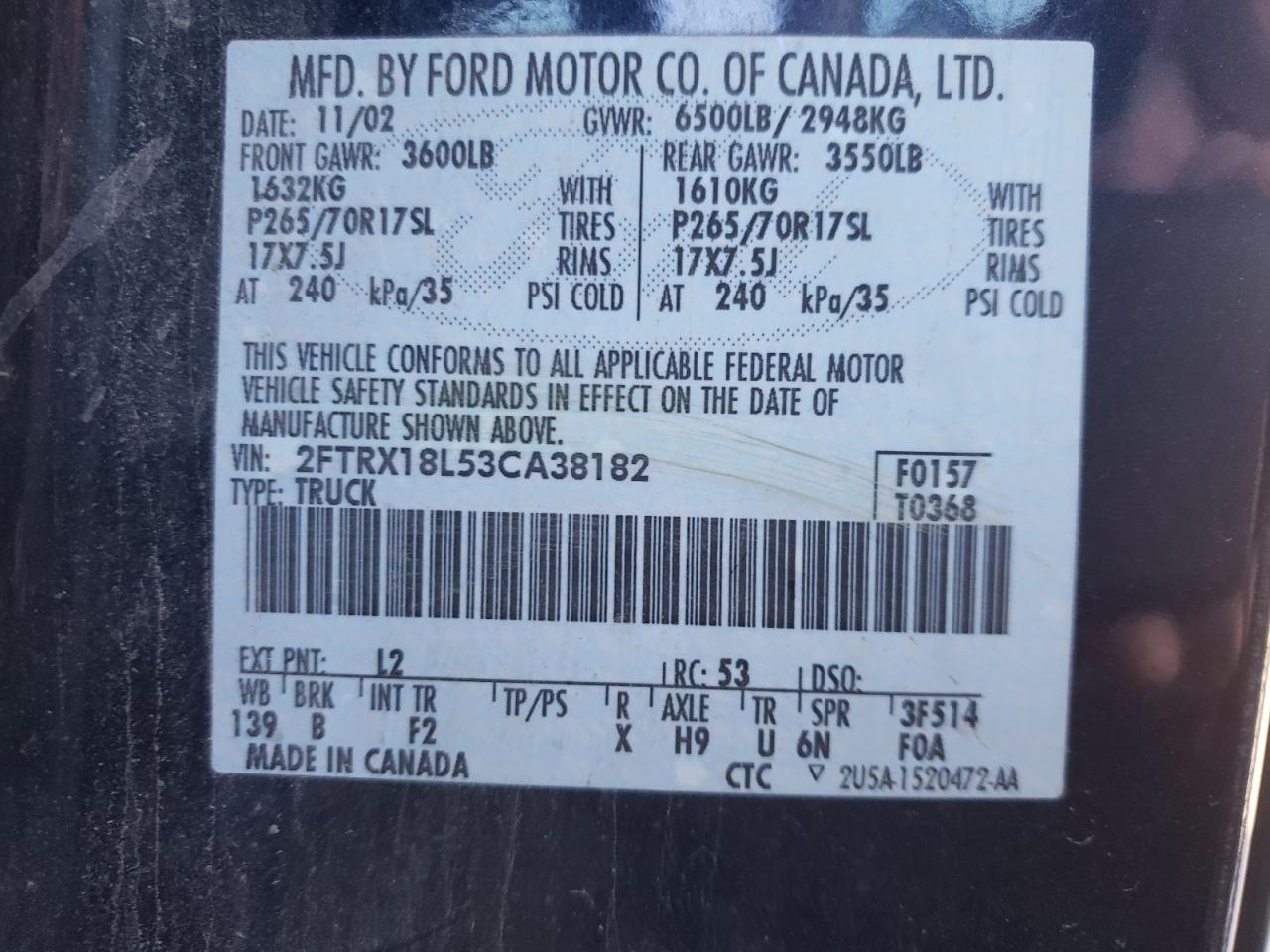Photo 10 from auction – 2003 FORD F150 with VIN 2FTRX18L53CA38182
