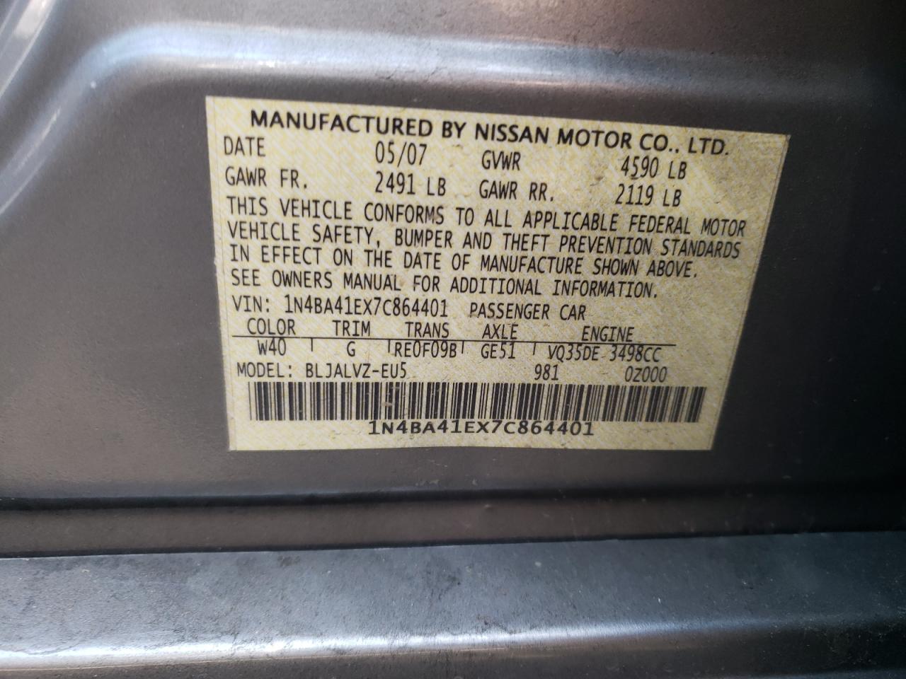Photo 10 from auction – 2007 NISSAN MAXIMA SE with VIN 1N4BA41EX7C864401