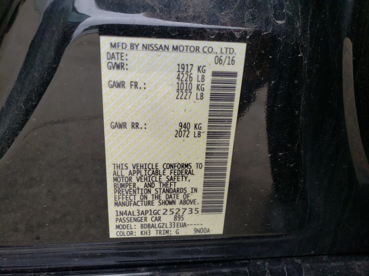 Photo 10 from auction – 2016 NISSAN ALTIMA 2.5 with VIN 1N4AL3AP1GC252735