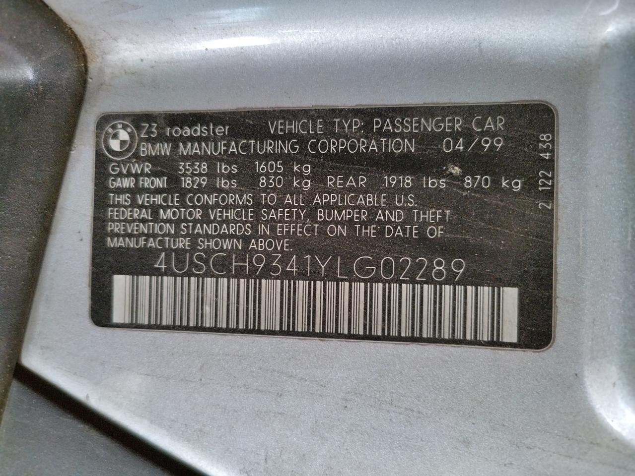 Photo 10 from auction – 2000 BMW Z3 2.3 with VIN 4USCH9341YLG02289