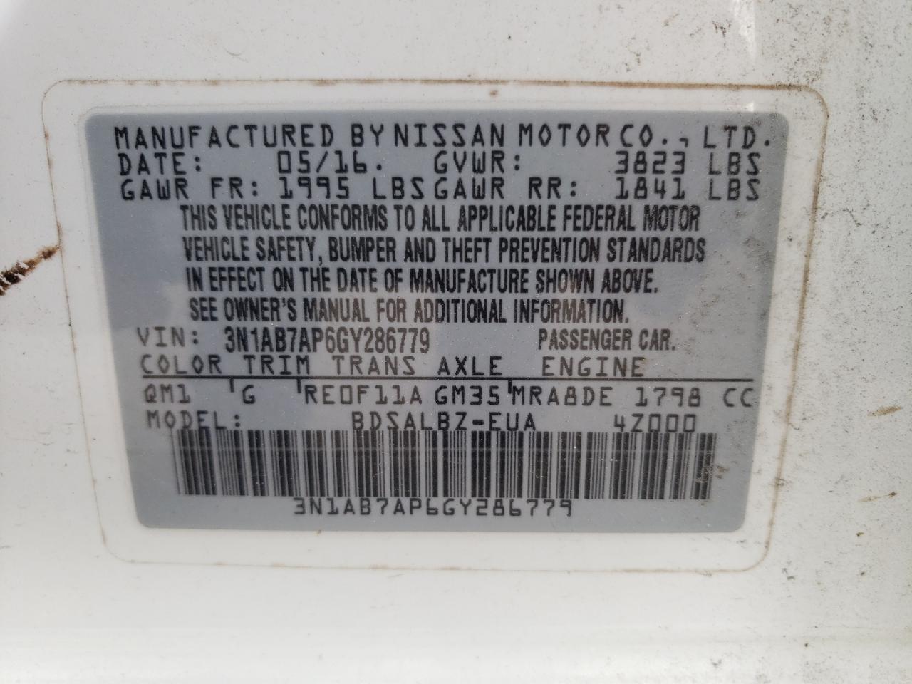 Photo 10 from auction – 2016 NISSAN SENTRA S with VIN 3N1AB7AP6GY286779