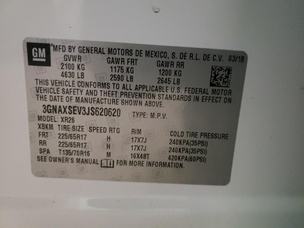 Photo 10 from auction – 2018 CHEVROLET EQUINOX LT with VIN 3GNAXSEV3JS620620