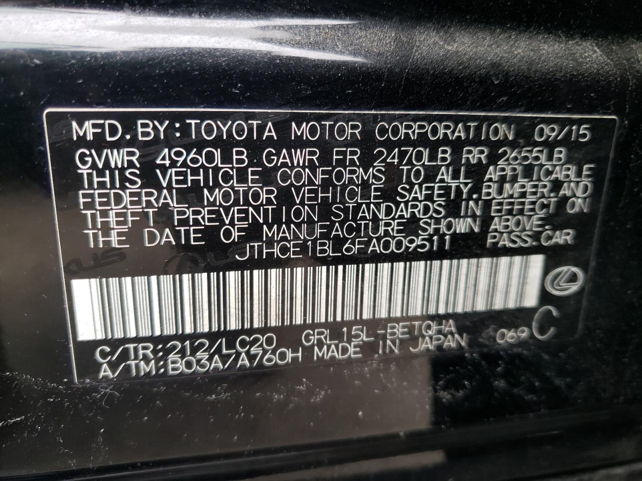 Photo 10 from auction – 2015 LEXUS GS 350 with VIN JTHCE1BL6FA009511