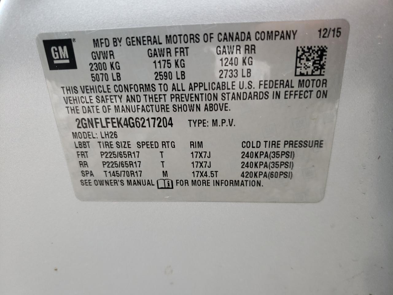 Photo 10 from auction – 2016 CHEVROLET EQUINOX LT with VIN 2GNFLFEK4G6217204