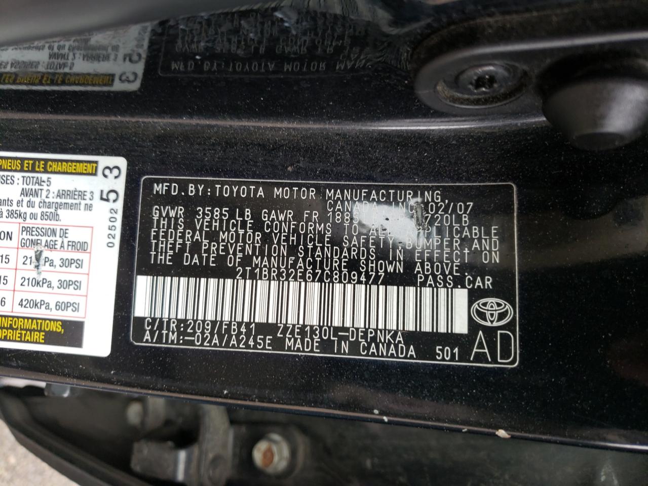 Photo 10 from auction – 2007 TOYOTA COROLLA CE with VIN 2T1BR32E67C809477