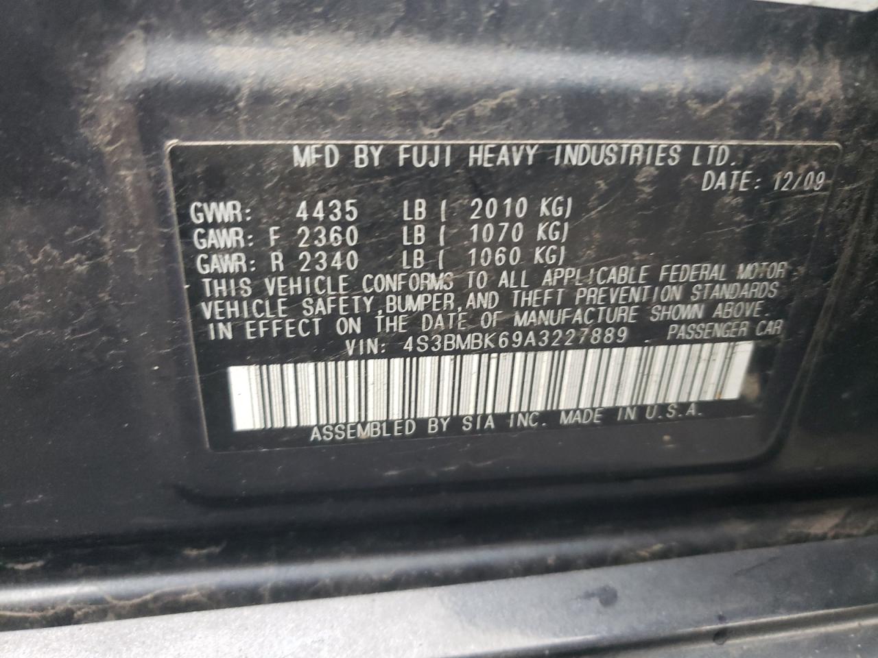 Photo 10 from auction – 2010 SUBARU LEGACY 2.5 with VIN 4S3BMBK69A3227889