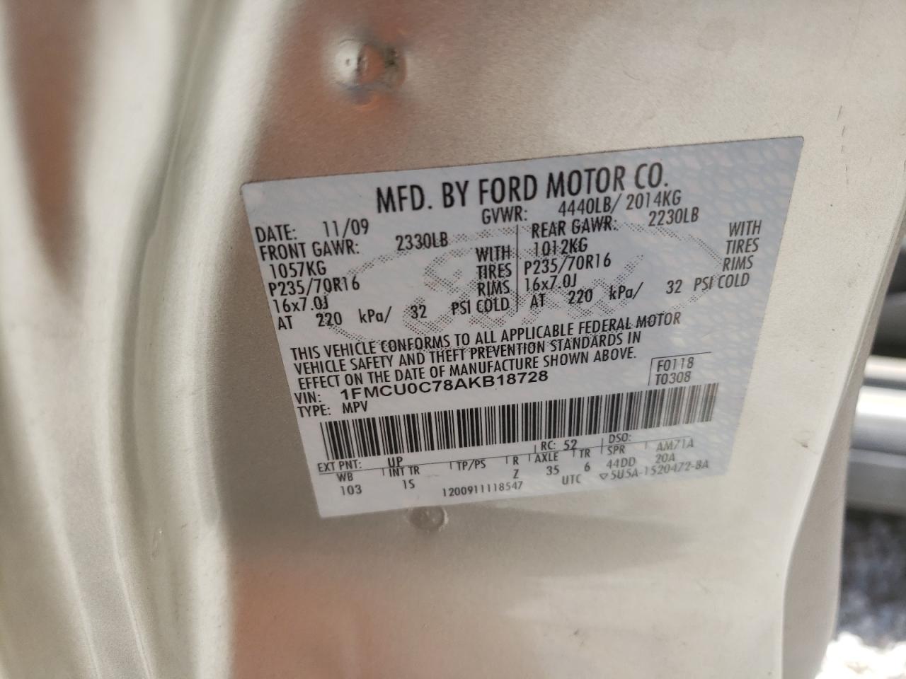 Photo 10 from auction – 2010 FORD ESCAPE XLS with VIN 1FMCU0C78AKB18728