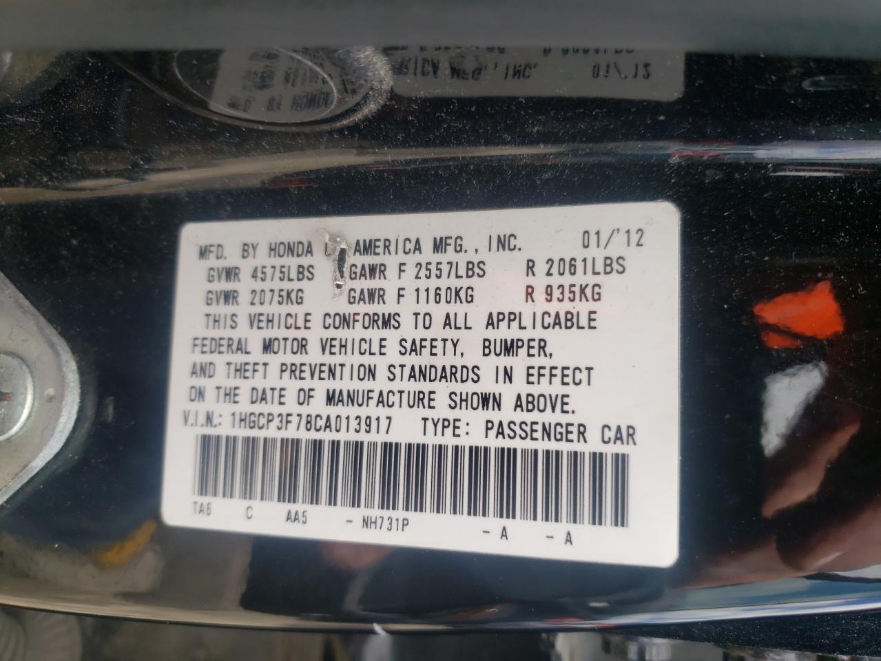Photo 10 from auction – 2012 HONDA ACCORD EX with VIN 1HGCP3F78CA013917