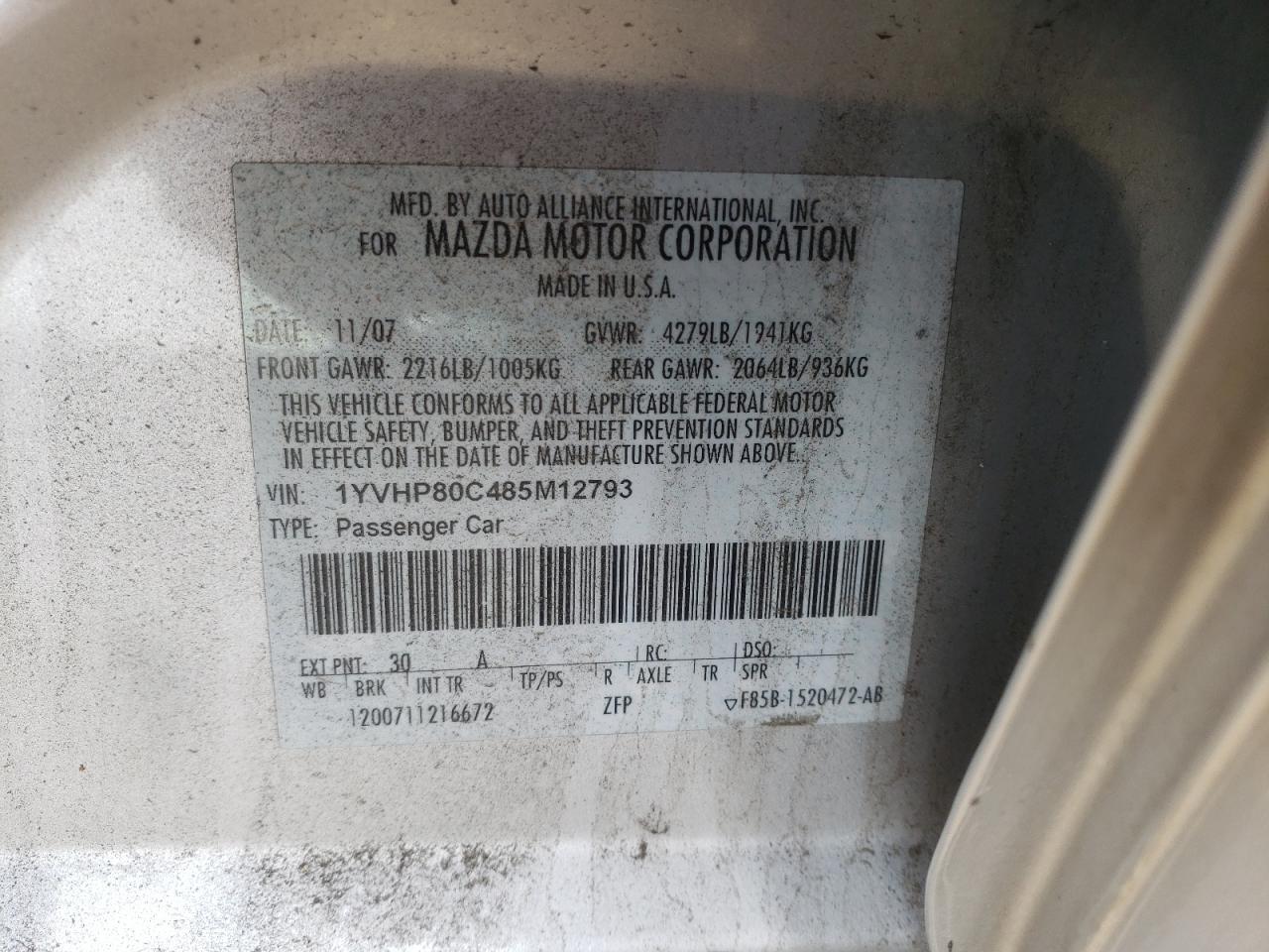 Photo 10 from auction – 2008 MAZDA 6 I with VIN 1YVHP80C485M12793