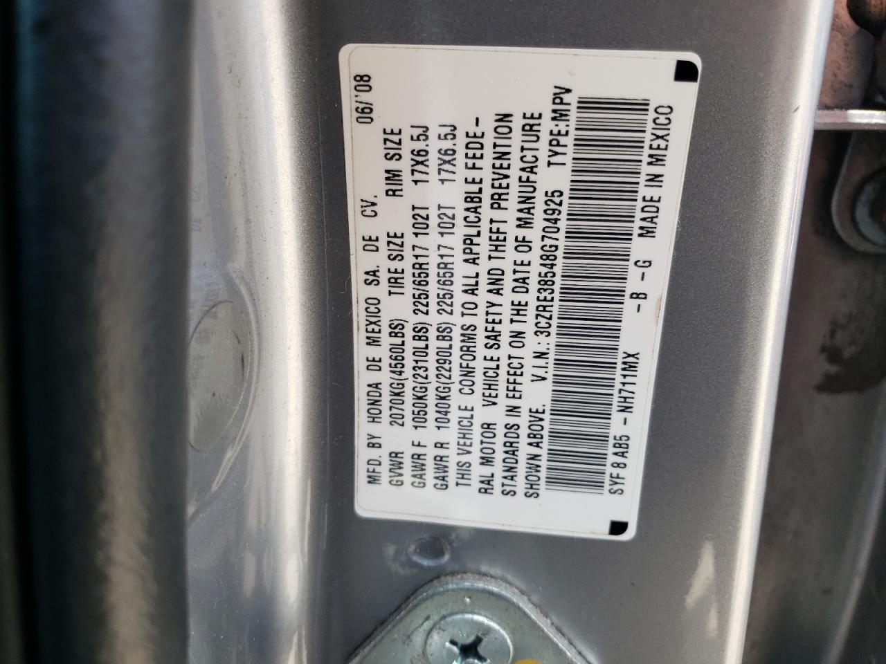 Photo 10 from auction – 2008 HONDA CR-V EX with VIN 3CZRE38548G704925