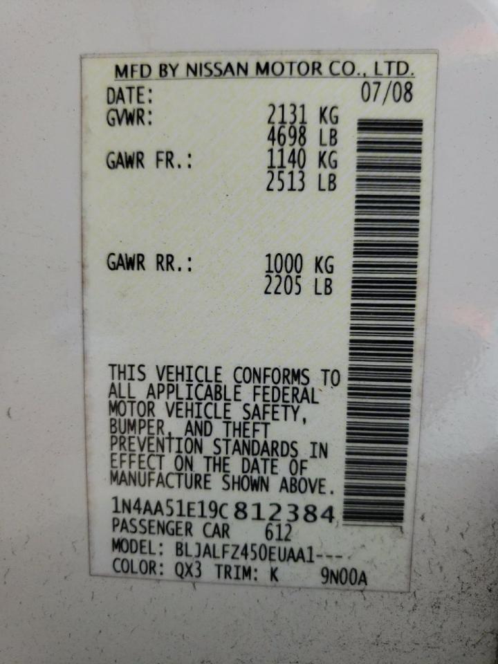Photo 10 from auction – 2009 NISSAN MAXIMA S with VIN 1N4AA51E19C812384