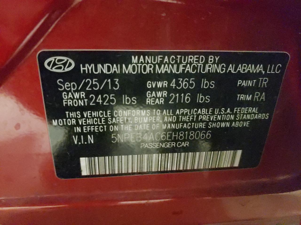 Photo 10 from auction – 2014 HYUNDAI SONATA GLS with VIN 5NPEB4AC6EH818066