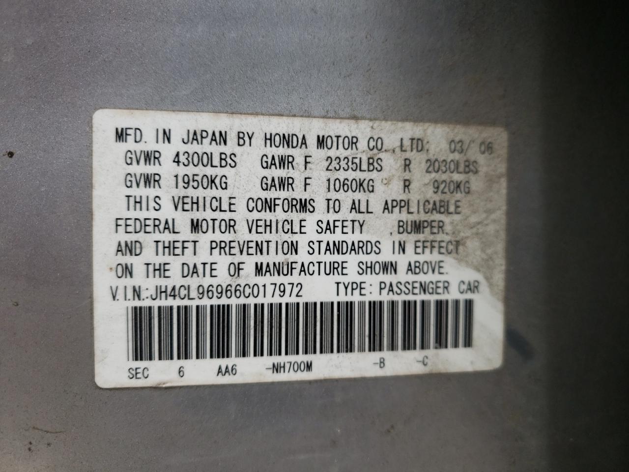Photo 10 from auction – 2006 ACURA TSX with VIN JH4CL96966C017972