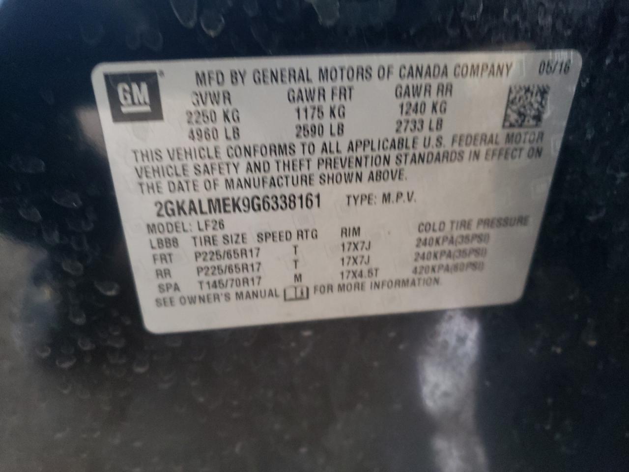 Photo 10 from auction – 2016 GMC TERRAIN SL with VIN 2GKALMEK9G6338161