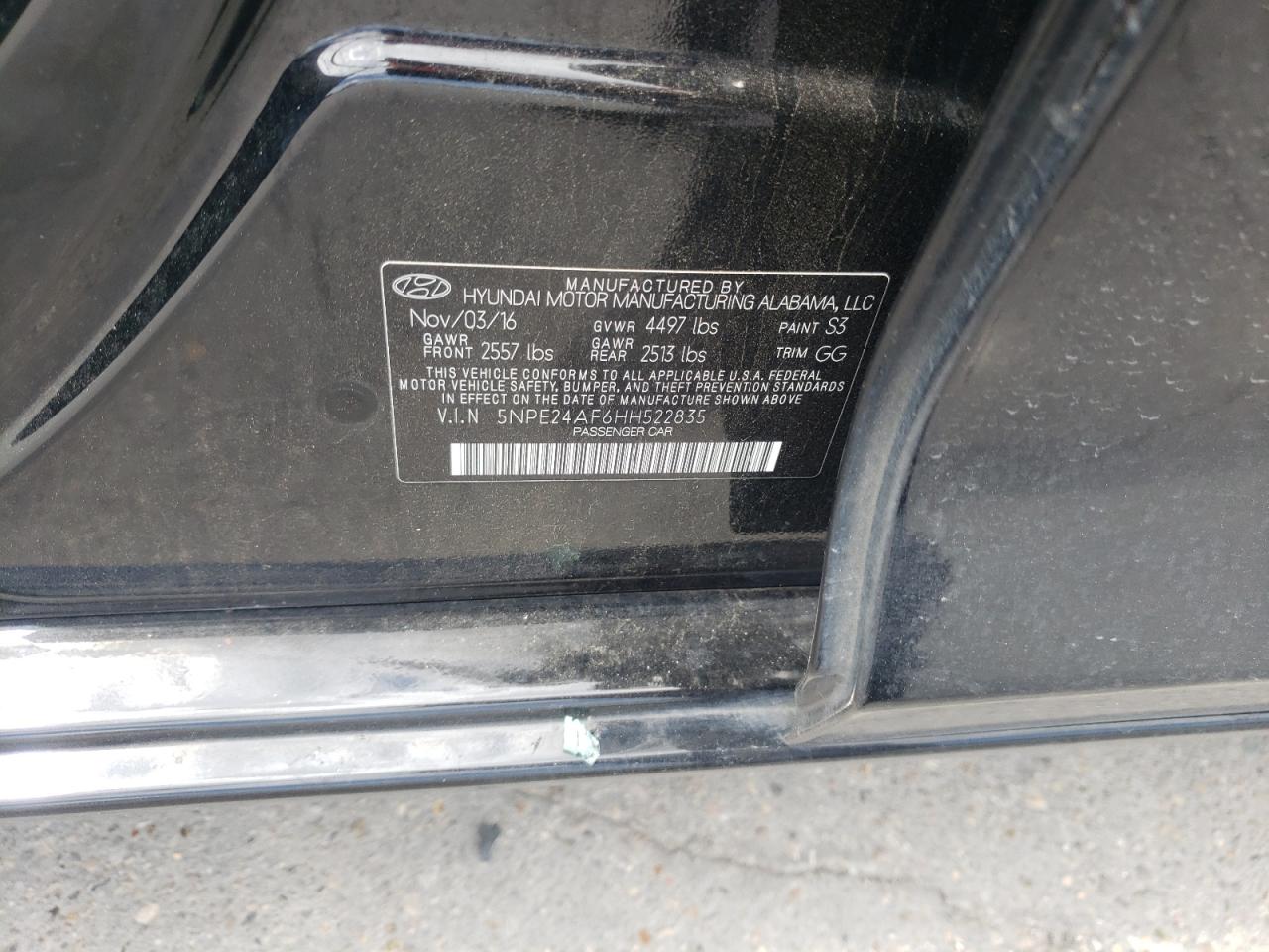 Photo 10 from auction – 2017 HYUNDAI SONATA SE with VIN 5NPE24AF6HH522835