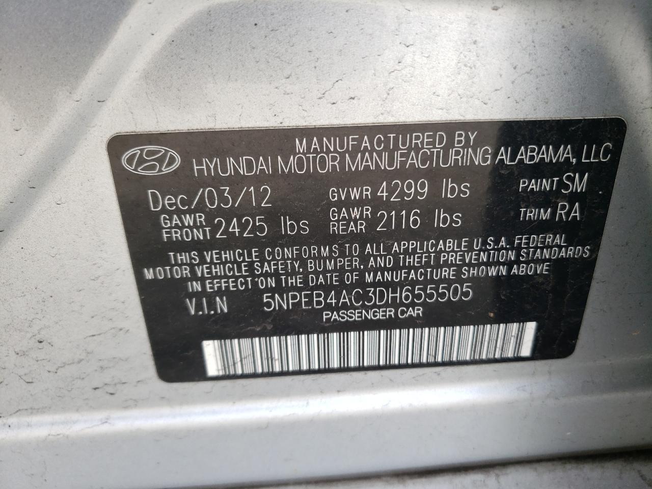 Photo 10 from auction – 2013 HYUNDAI SONATA GLS with VIN 5NPEB4AC3DH655505