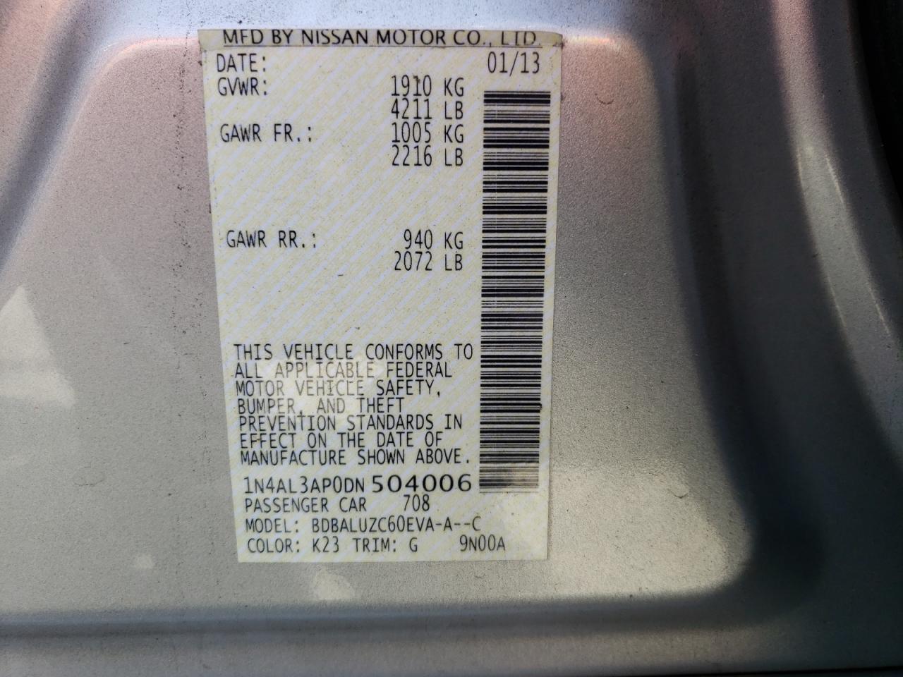 Photo 10 from auction – 2013 NISSAN ALTIMA 2.5 with VIN 1N4AL3AP0DN504006