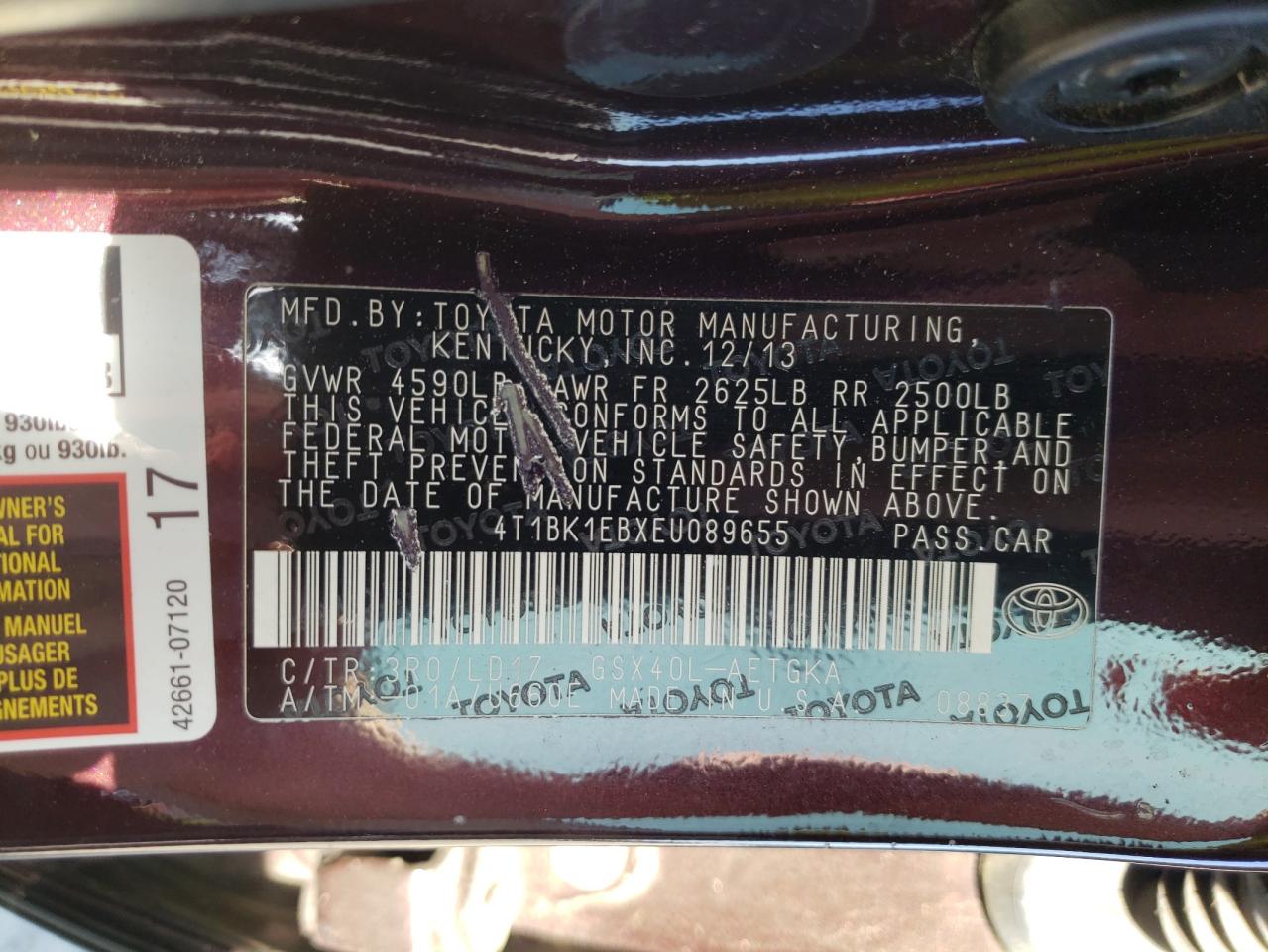 Photo 10 from auction – 2014 TOYOTA AVALON BAS with VIN 4T1BK1EBXEU089655
