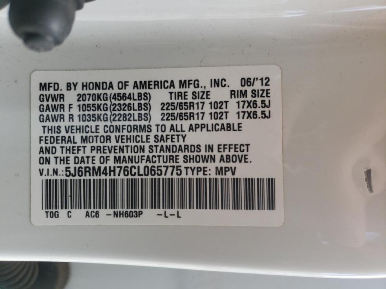 Photo 10 from auction – 2012 HONDA CR-V EXL with VIN 5J6RM4H76CL065775