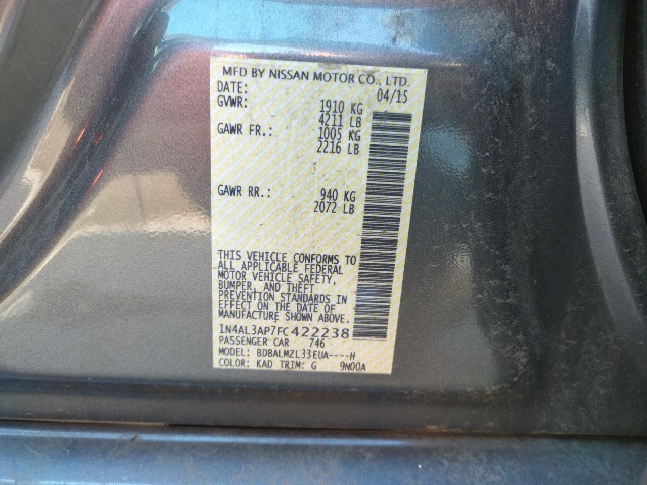 Photo 10 from auction – 2015 NISSAN ALTIMA 2.5 with VIN 1N4AL3AP7FC422238