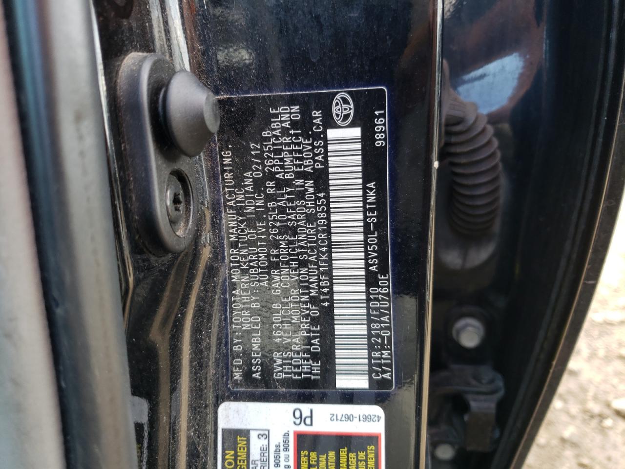 Photo 10 from auction – 2012 TOYOTA CAMRY BASE with VIN 4T4BF1FK4CR198554