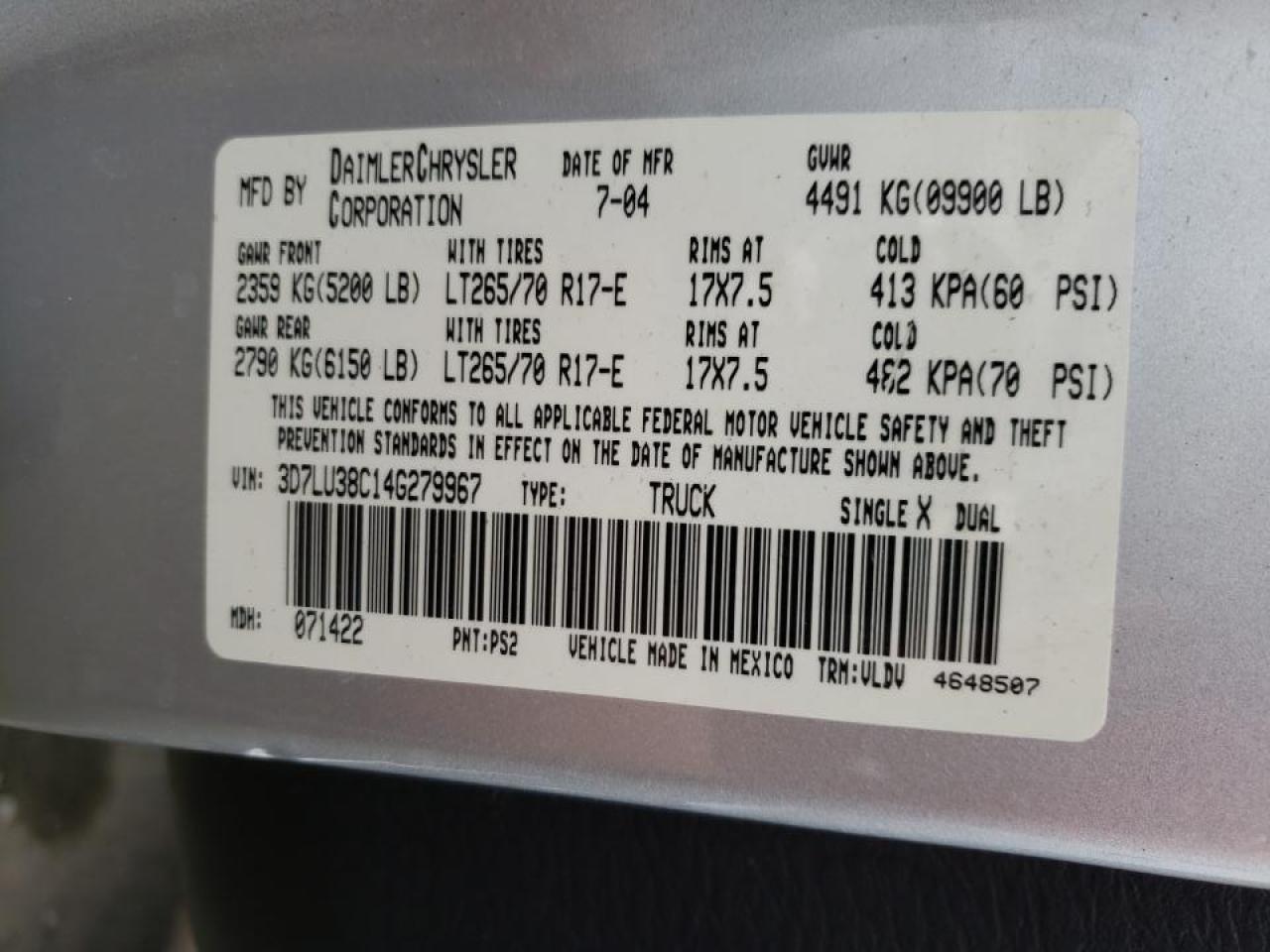 Photo 10 from auction – 2004 DODGE RAM 3500 S with VIN 3D7LU38C14G279967