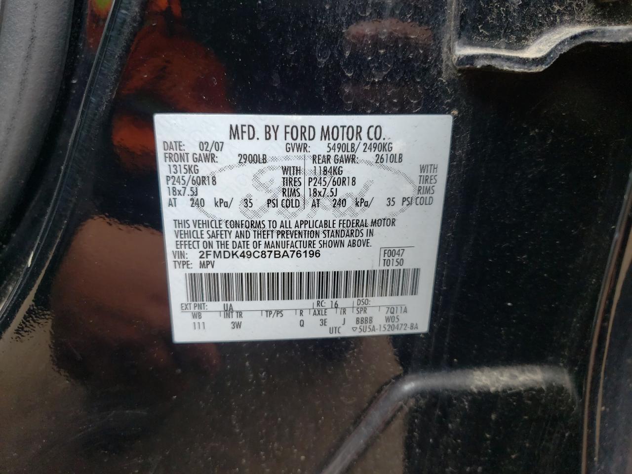 Photo 10 from auction – 2007 FORD EDGE SEL P with VIN 2FMDK49C87BA76196