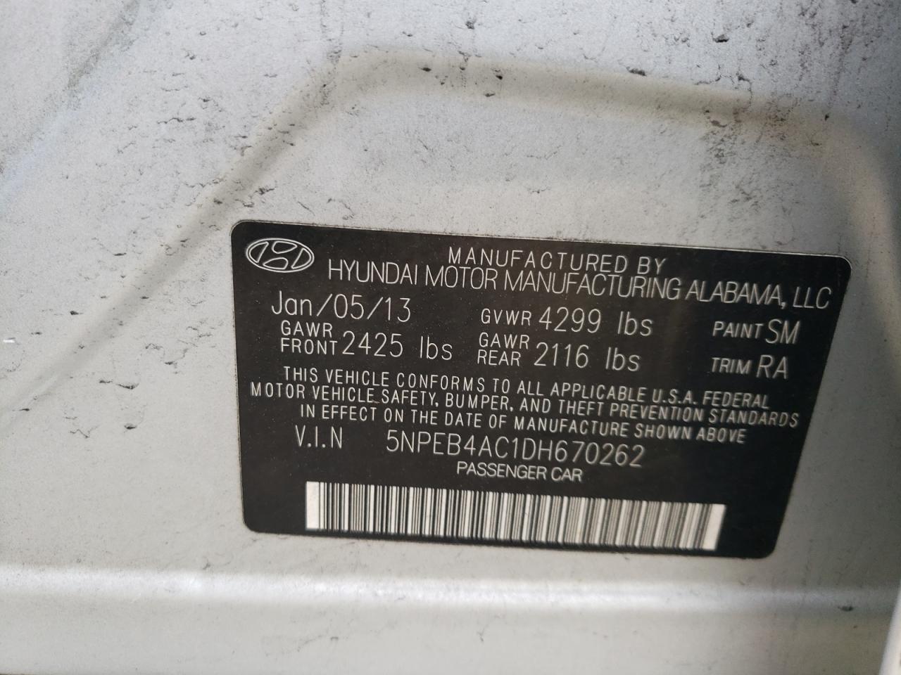 Photo 10 from auction – 2013 HYUNDAI SONATA GLS with VIN 5NPEB4AC1DH670262