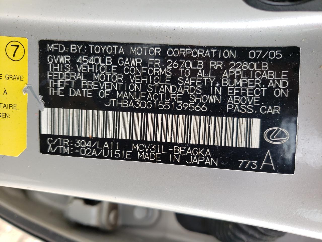 Photo 10 from auction – 2005 LEXUS ES 330 with VIN JTHBA30G155139566