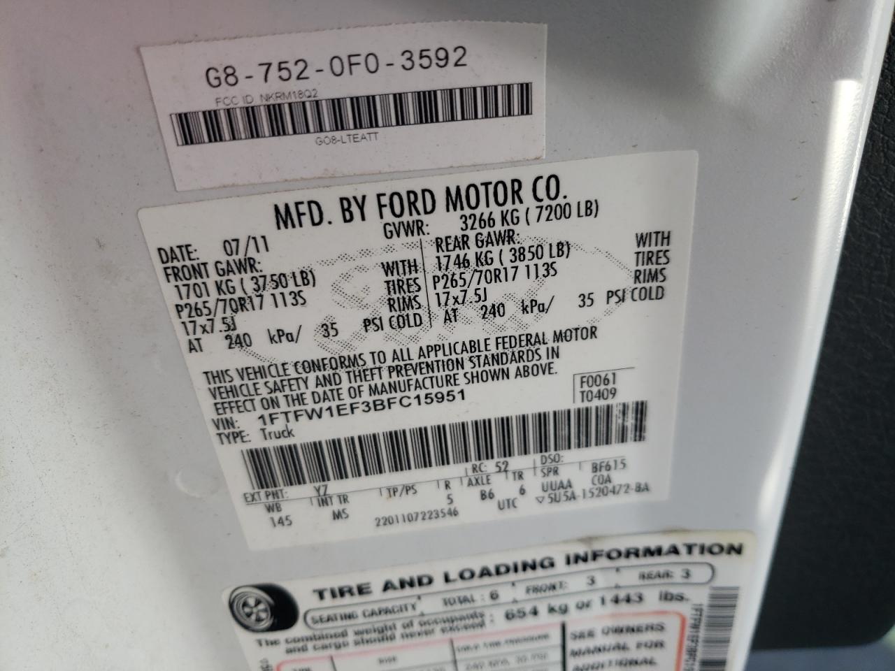 Photo 10 from auction – 2011 FORD F150 SUPER with VIN 1FTFW1EF3BFC15951