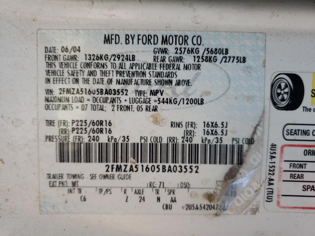 Photo 10 from auction – 2005 FORD FREESTAR S with VIN 2FMZA51605BA03552