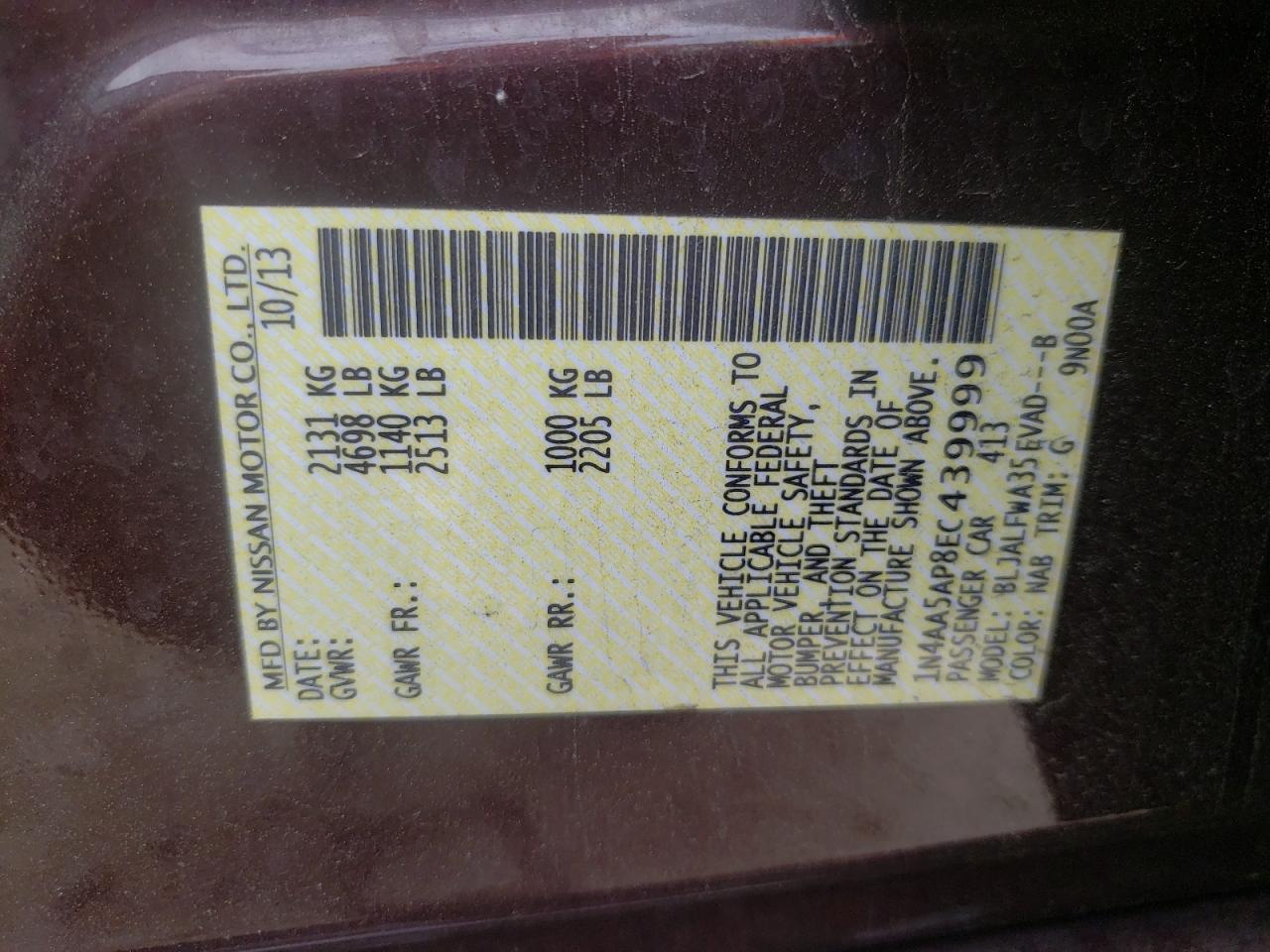 Photo 10 from auction – 2014 NISSAN MAXIMA S with VIN 1N4AA5AP8EC439999