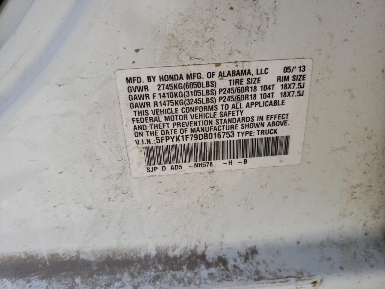 Photo 10 from auction – 2013 HONDA RIDGELINE with VIN 5FPYK1F79DB016753