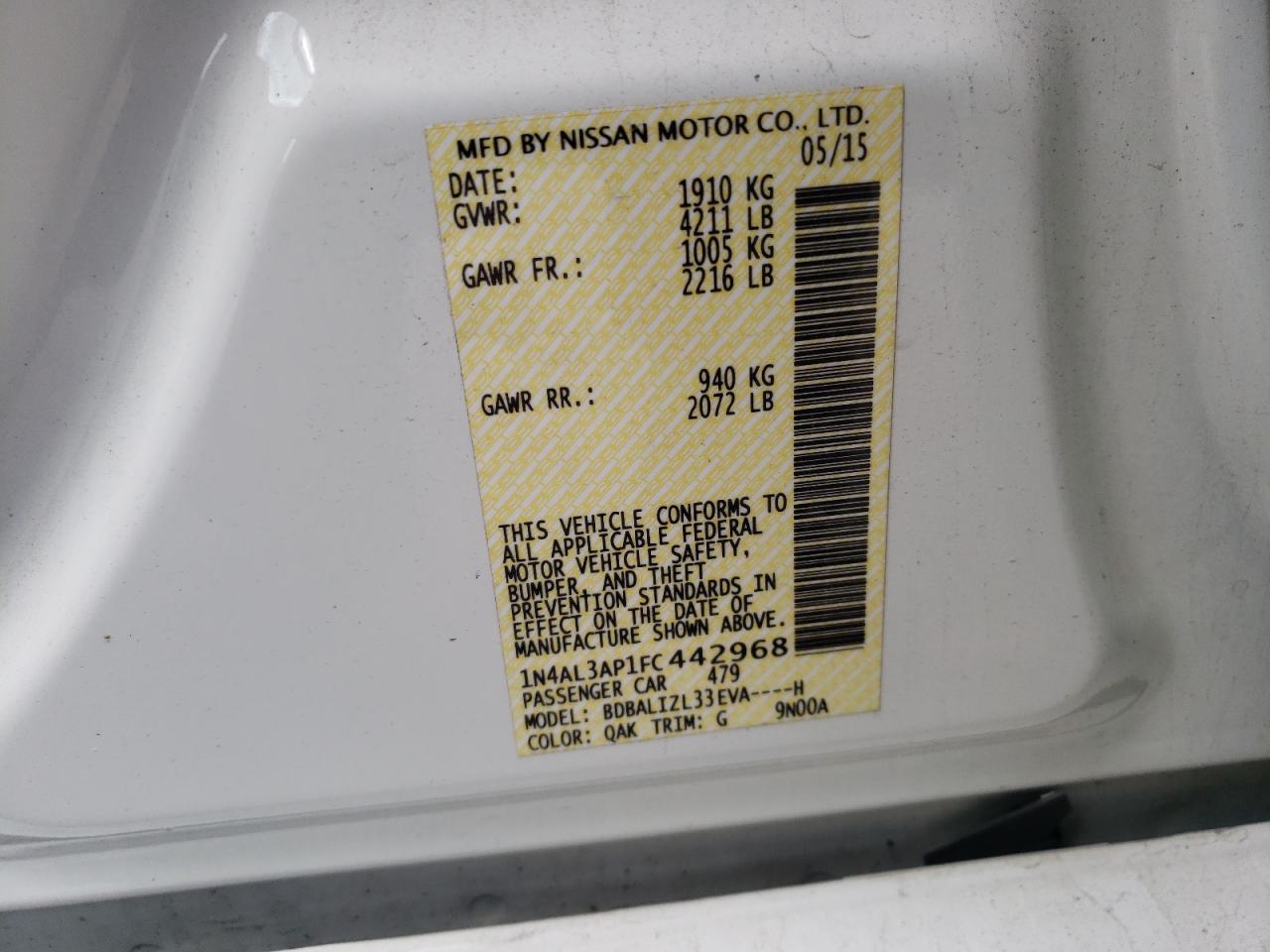 Photo 10 from auction – 2015 NISSAN ALTIMA 2.5 with VIN 1N4AL3AP1FC442968