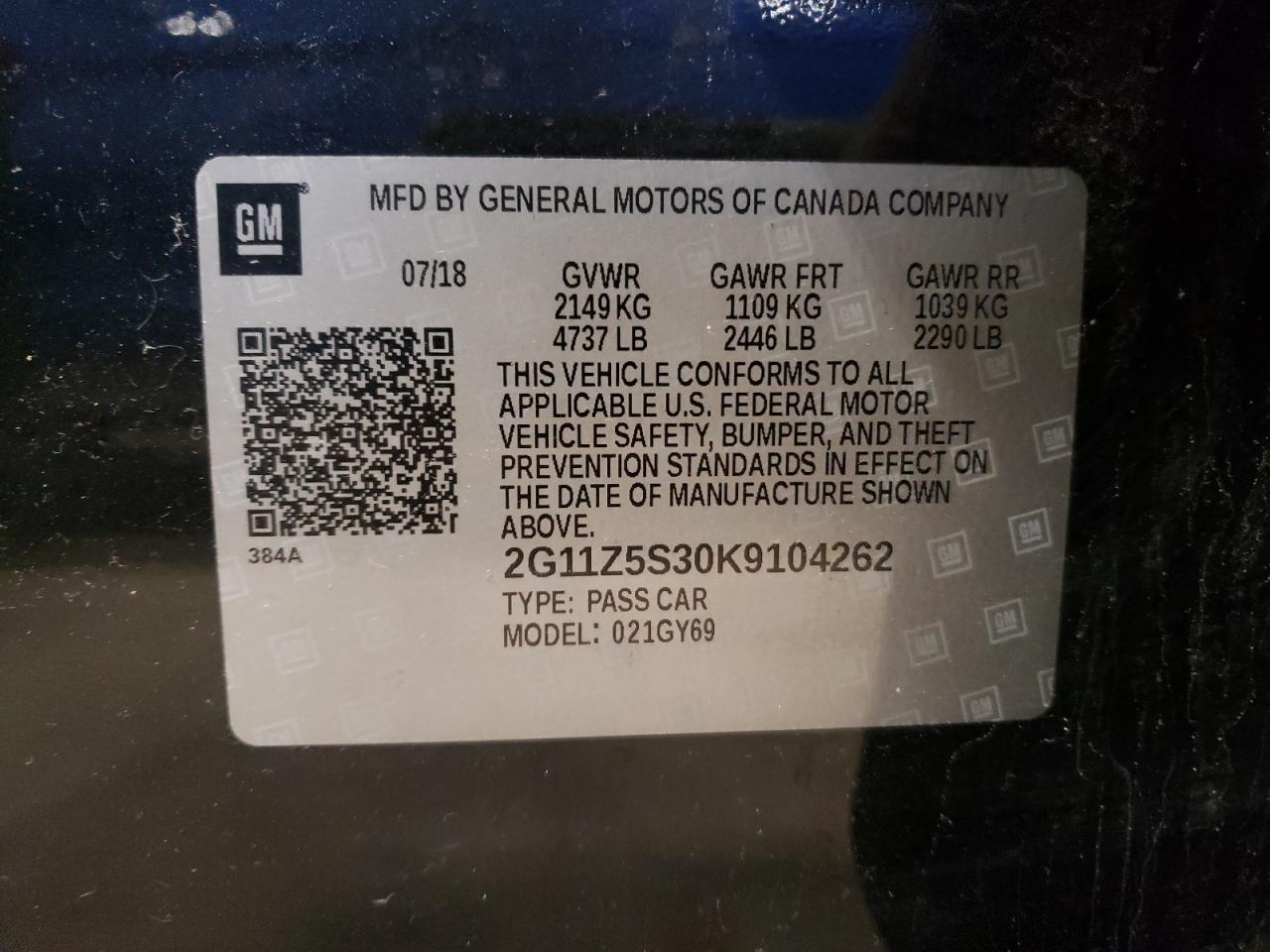 Photo 10 from auction – 2019 CHEVROLET IMPALA LT with VIN 2G11Z5S30K9104262