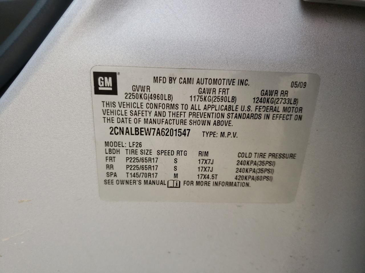 Photo 10 from auction – 2010 CHEVROLET EQUINOX LS with VIN 2CNALBEW7A6201547