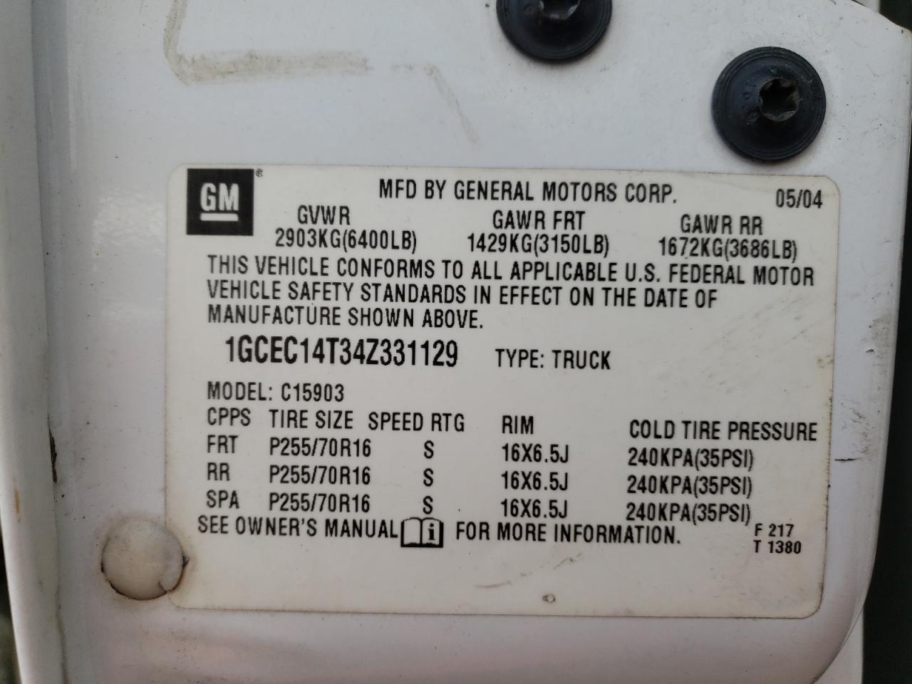 Photo 10 from auction – 2004 CHEVROLET SILVERADO with VIN 1GCEC14T34Z331129