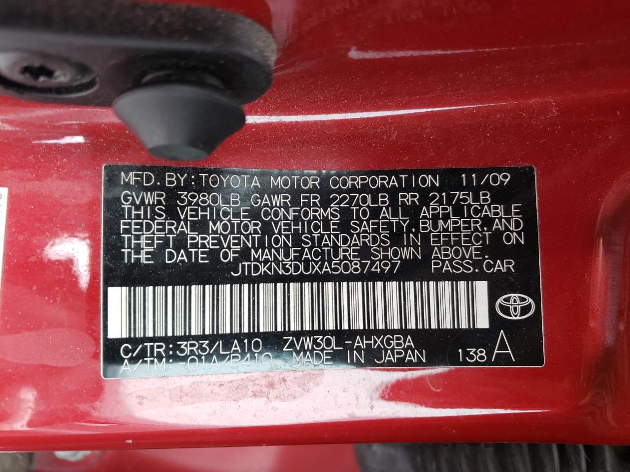 Photo 10 from auction – 2010 TOYOTA PRIUS with VIN JTDKN3DUXA5087497