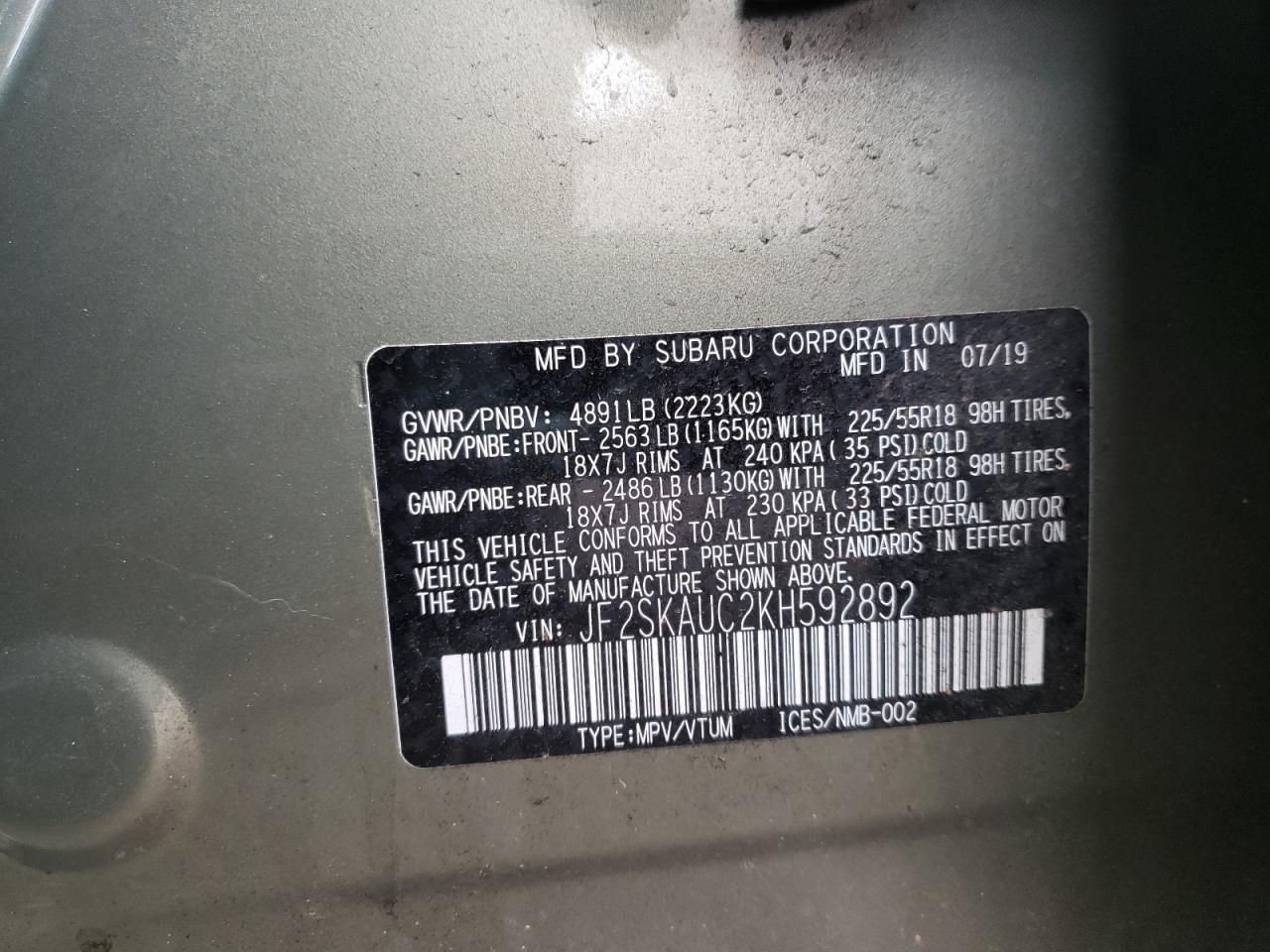 Photo 10 from auction – 2019 SUBARU FORESTER L with VIN JF2SKAUC2KH592892