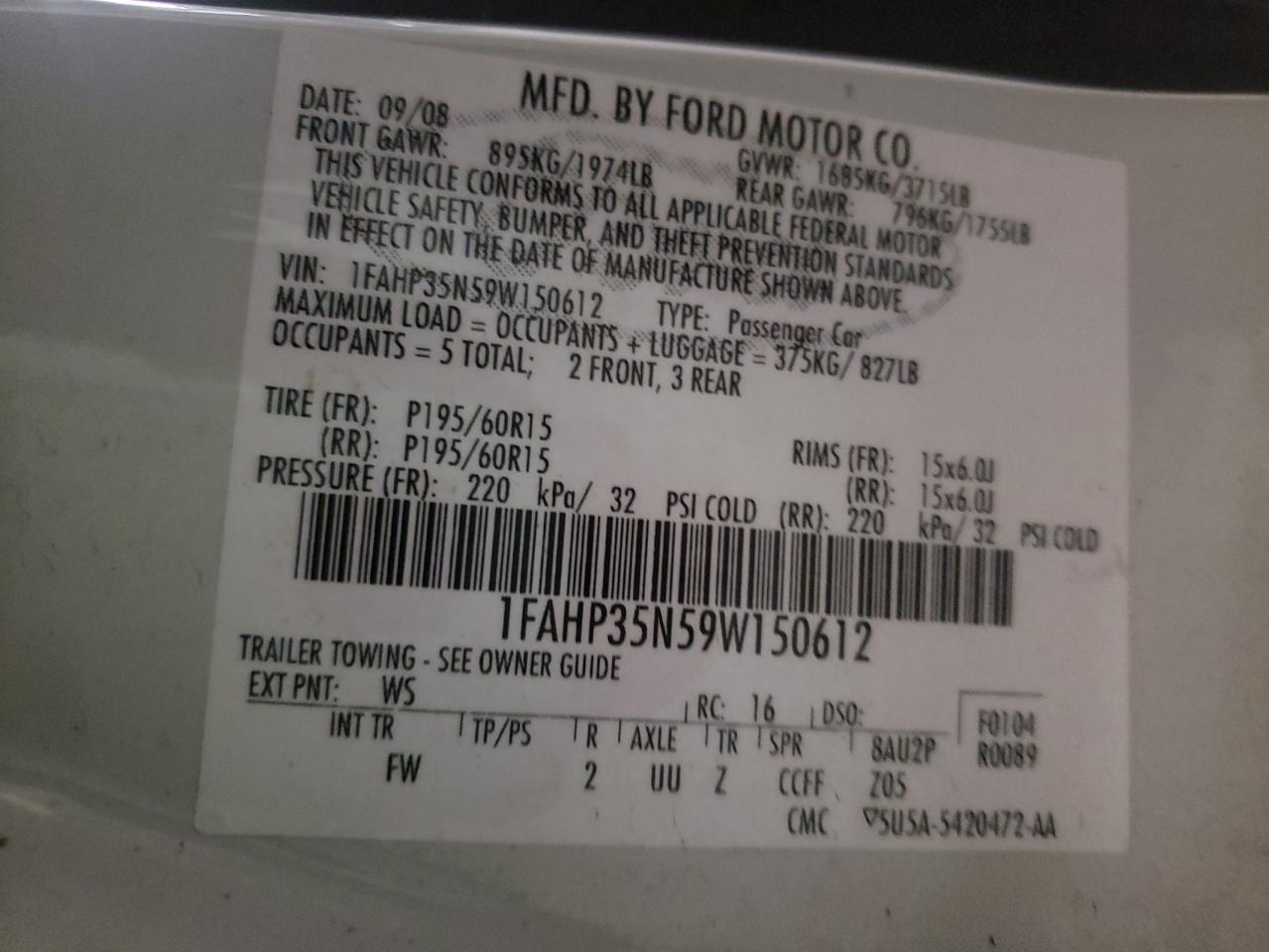 Photo 10 from auction – 2009 FORD FOCUS SE with VIN 1FAHP35N59W150612