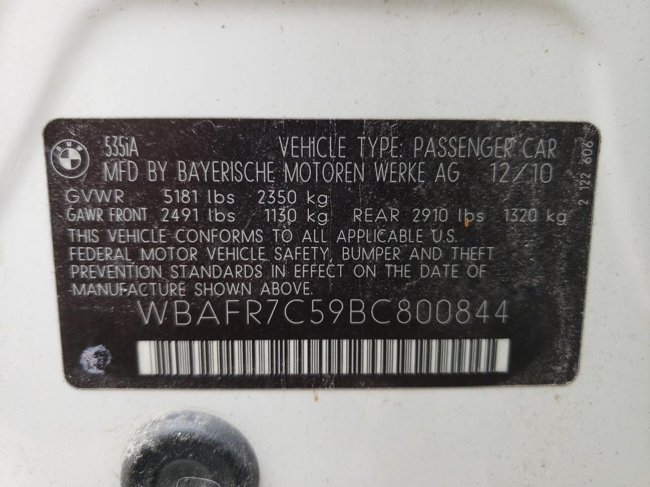 Photo 10 from auction – 2011 BMW 535 I with VIN WBAFR7C59BC800844
