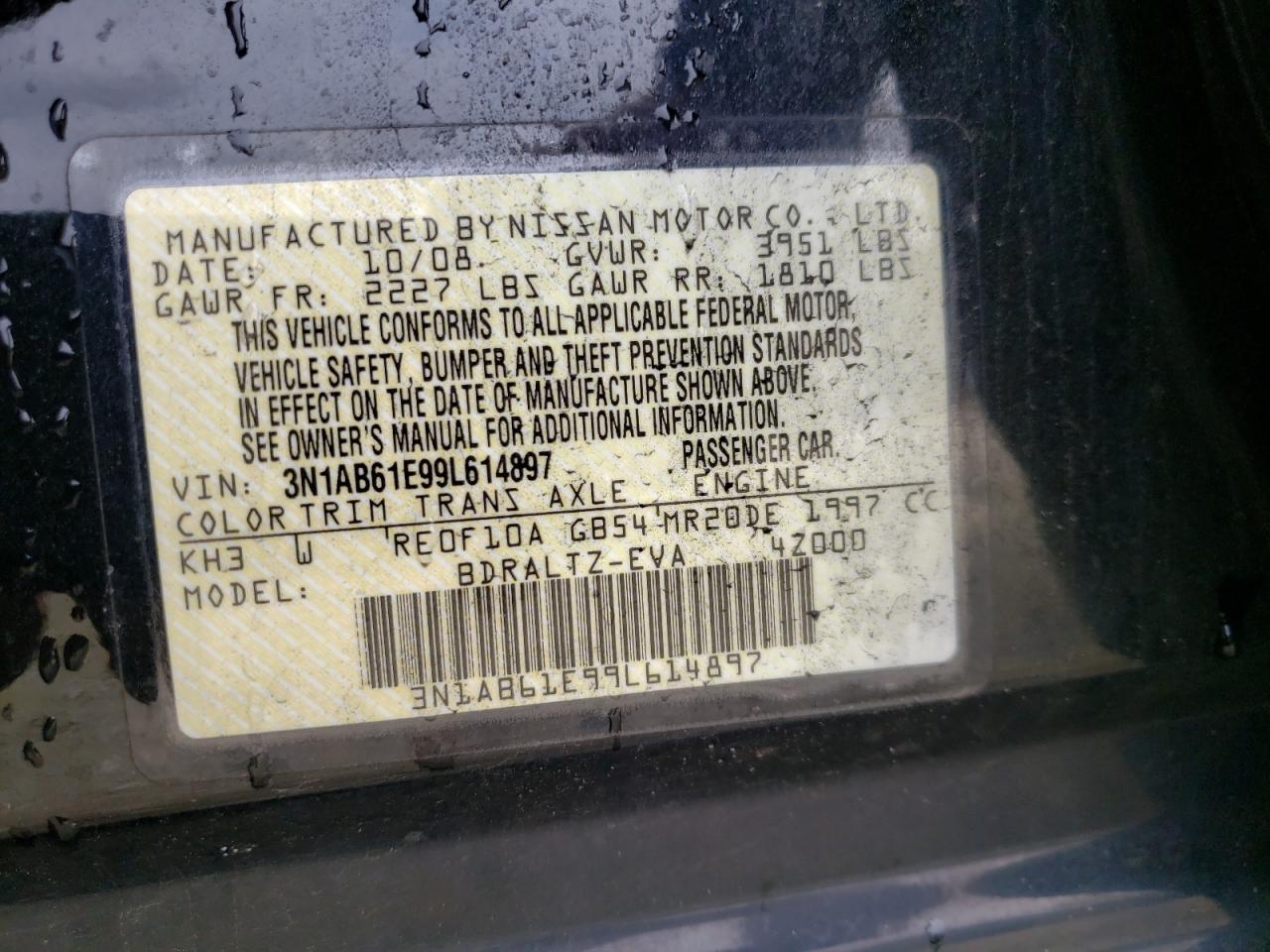 Photo 10 from auction – 2009 NISSAN SENTRA 2.0 with VIN 3N1AB61E99L614897
