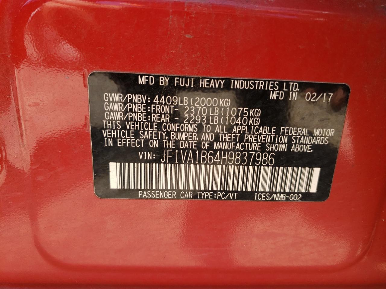 Photo 10 from auction – 2017 SUBARU WRX with VIN JF1VA1B64H9837986
