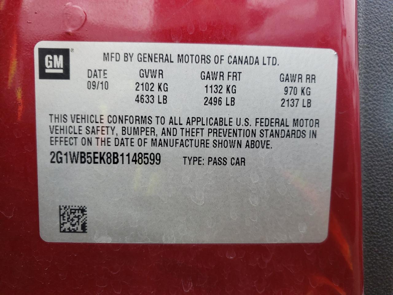 Photo 10 from auction – 2011 CHEVROLET IMPALA LT with VIN 2G1WB5EK8B1148599