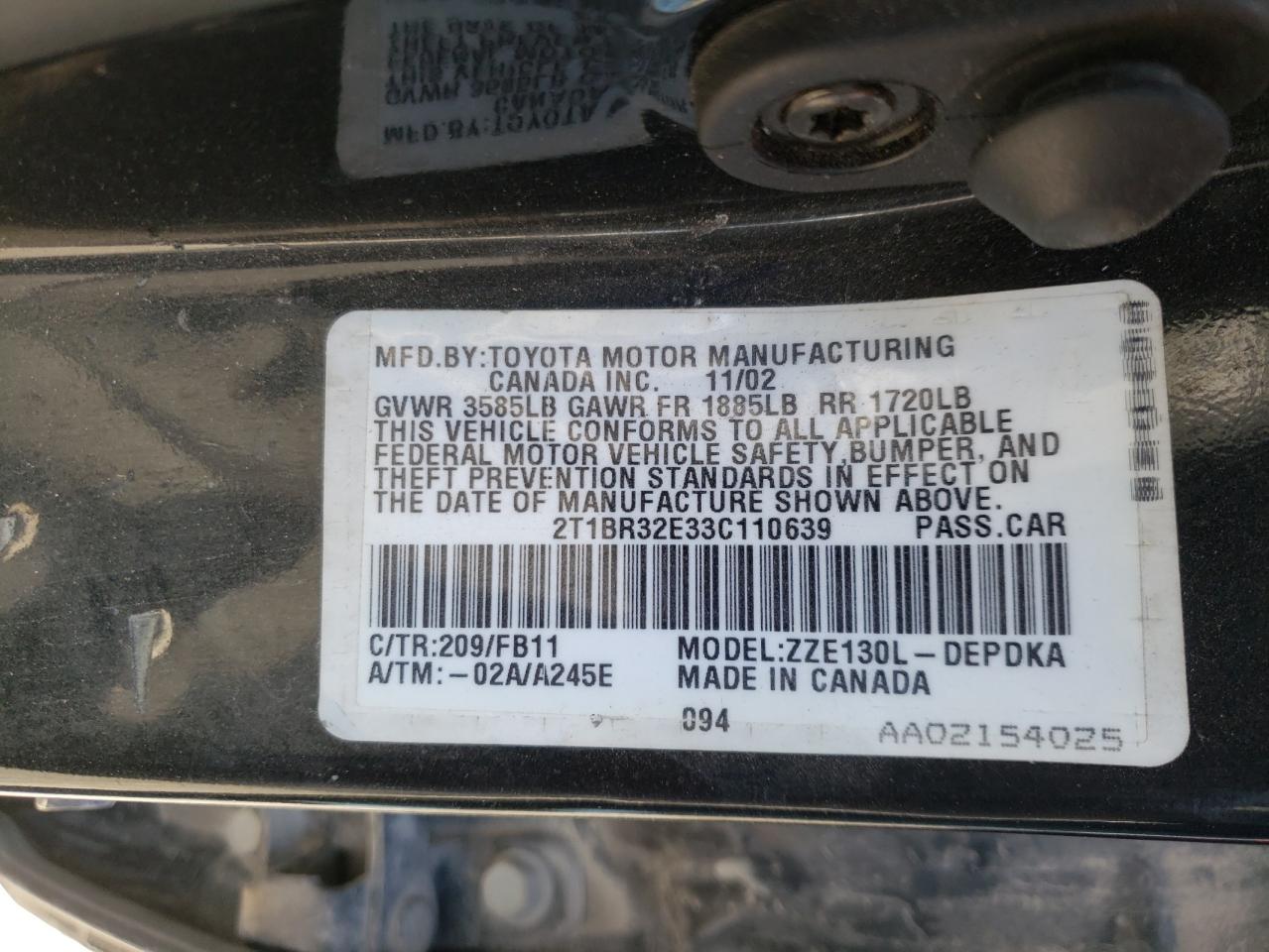 Photo 10 from auction – 2003 TOYOTA COROLLA CE with VIN 2T1BR32E33C110639