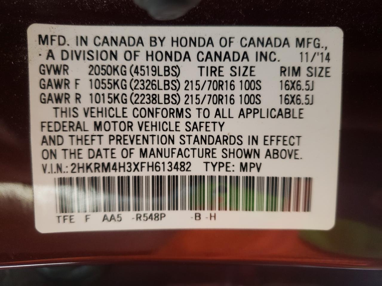 Photo 10 from auction – 2015 HONDA CR-V LX with VIN 2HKRM4H3XFH613482