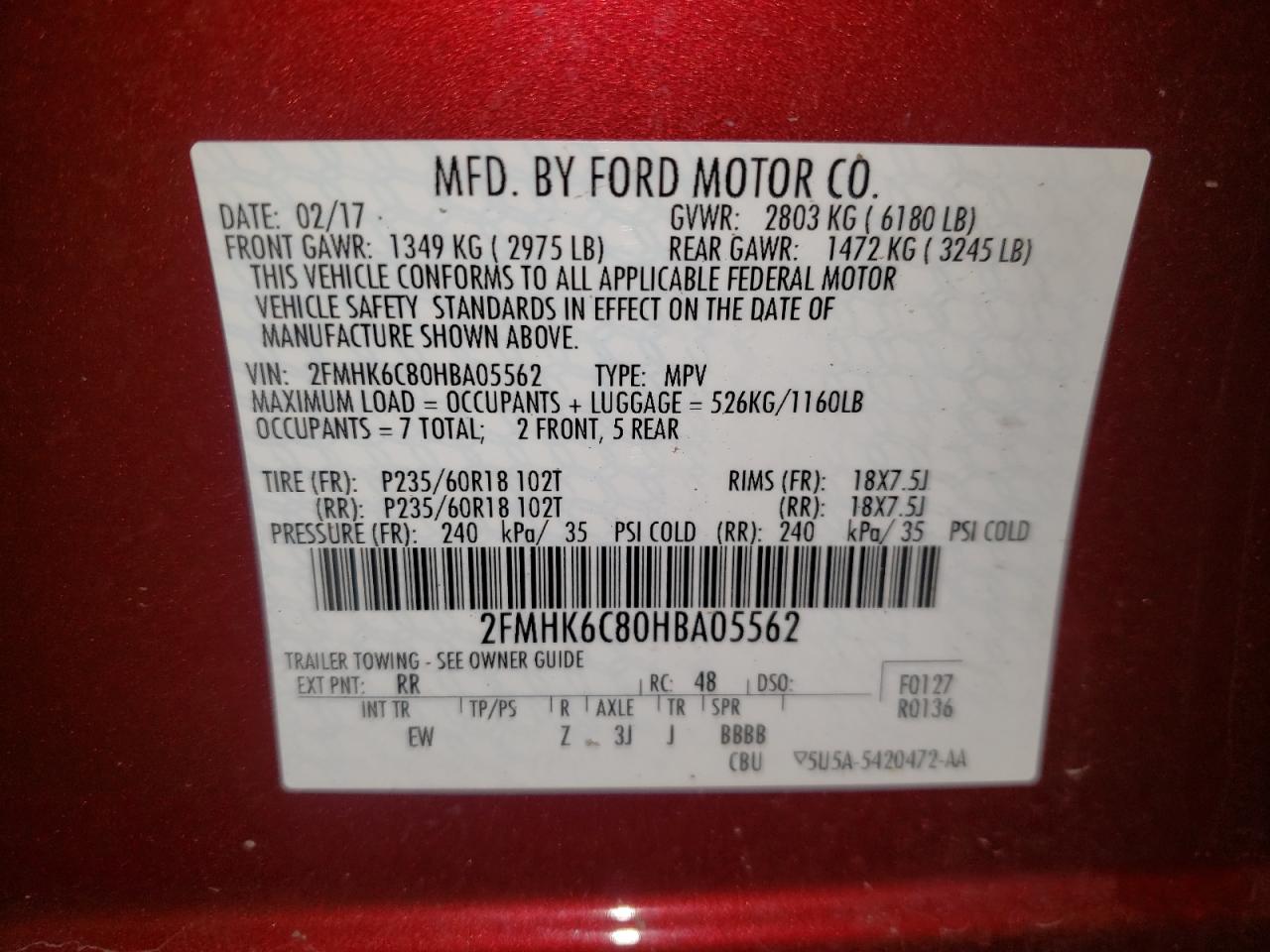 Photo 10 from auction – 2017 FORD FLEX SEL with VIN 2FMHK6C80HBA05562