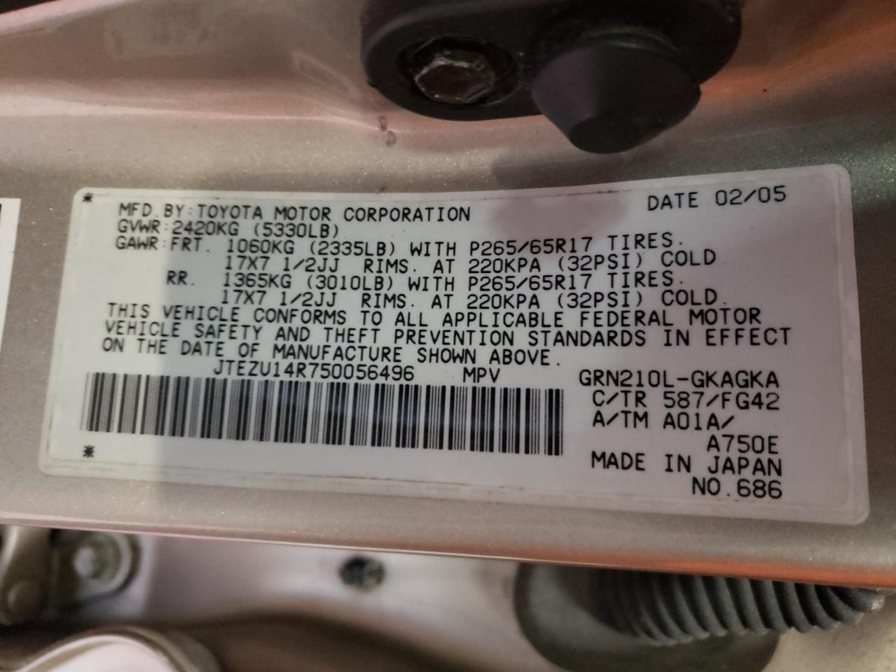 Photo 10 from auction – 2005 TOYOTA 4RUNNER SR with VIN JTEZU14R750056496