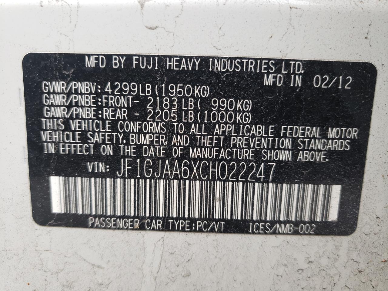 Photo 10 from auction – 2012 SUBARU IMPREZA with VIN JF1GJAA6XCH022247